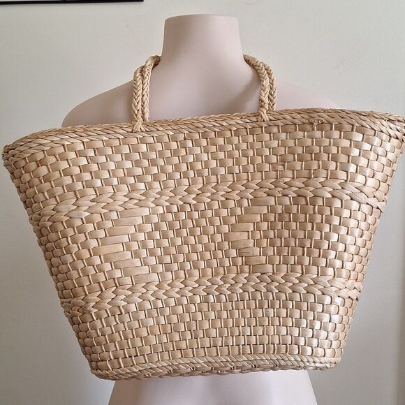 Vintage Woven Straw Tote Beige Wicker Market Shoulder Bag Lined - Picture 10 of 13